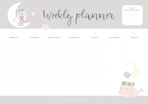 Vector weekly planner with cute baby animals