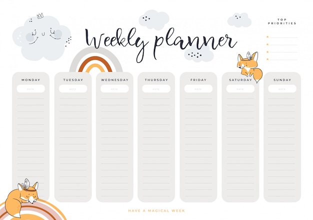 Vector weekly planner with cute baby fox