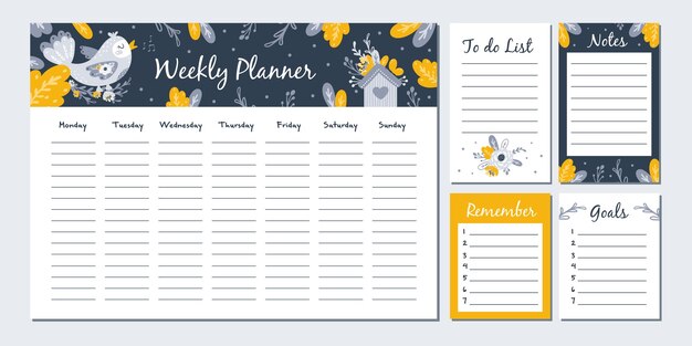 Vector weekly planner with cute birds illustration