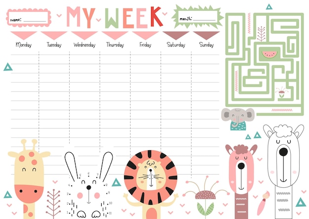 Weekly planner with cute funny forest animals in doodle cartoon style