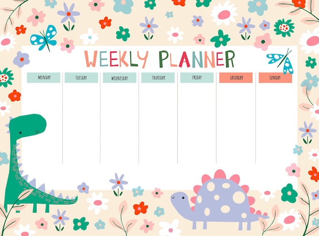 weekly planner with dinosaurs and flowers in doodle cartoon style kids schedule design template