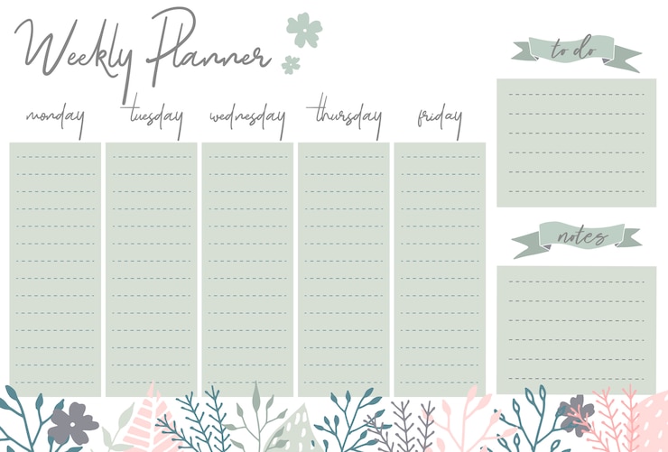 Vector weekly planner with flowers, stationery organizer for daily plans, floral vector weekly planner template, schedules