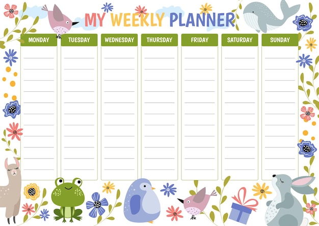 Weekly planner with funny animals. Llama, rabbit, penguin, frog, bird, whale in flat style. Kids timetable design template.