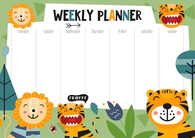 Weekly planner with funny jungle animals in doodle cartoon style.