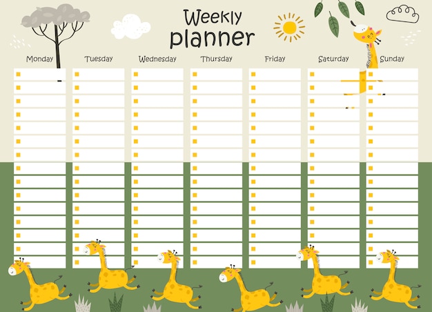 Vector weekly planner with giraffes