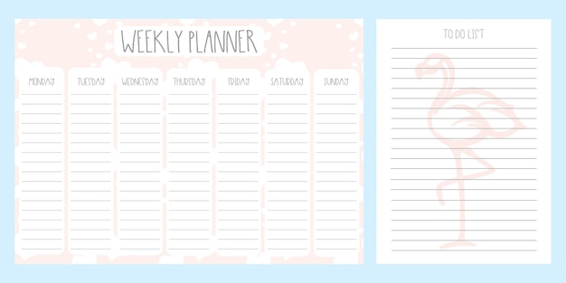 Weekly planner with hearts and to do list with cute flamingo