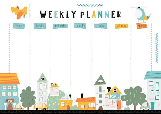 Weekly planner with nordic little town in doodle cartoon style