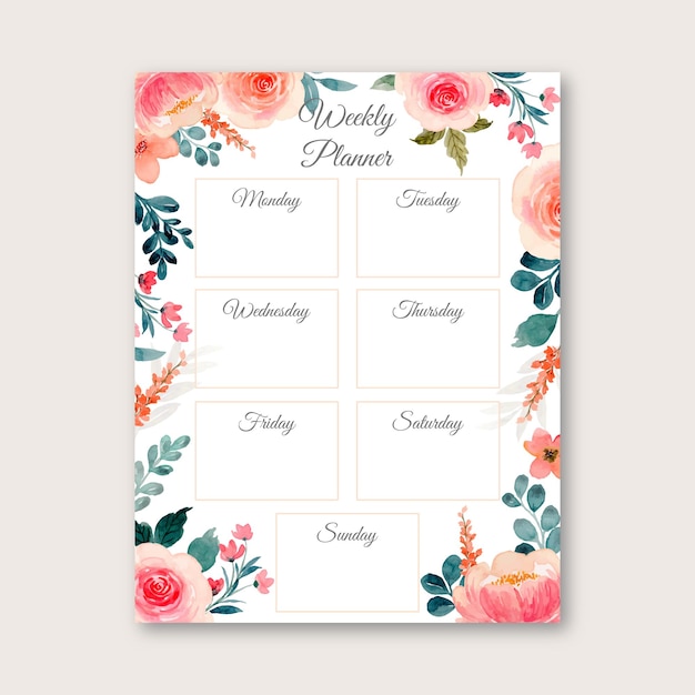 Weekly planner with pink rose flower watercolor