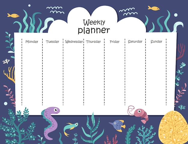Weekly planner with seaweed and sea animals