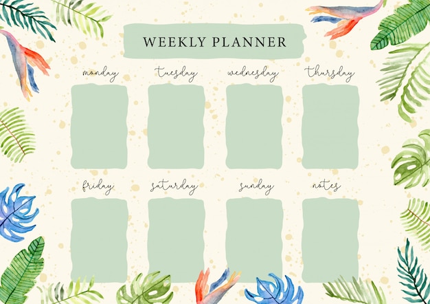 Vector weekly planner with tropical summer floral watercolor