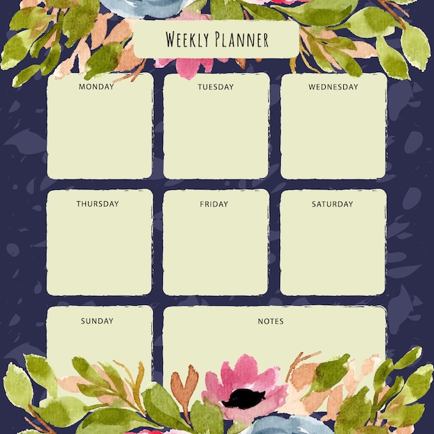 Vector weekly planner with watercolor florals