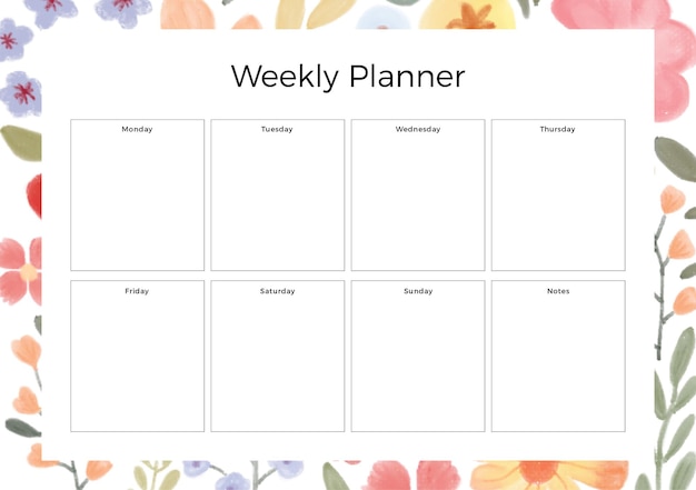 Weekly planner with watercolor flowers illustration