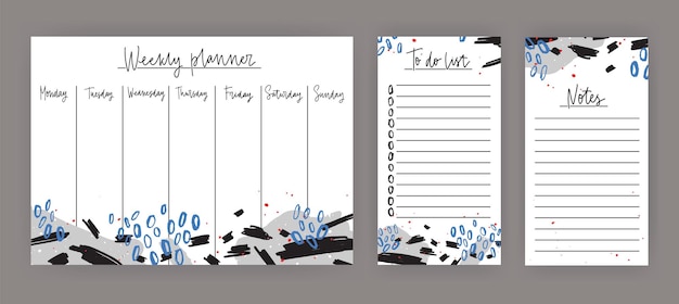 Weekly planner with weekdays, sheet for notes and to do list templates decorated with abstract blue and gray paint smears and scribble. Creative appointment scheduler. Modern vector illustration