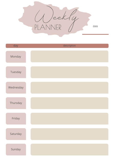 Weekly planner for writing by hand