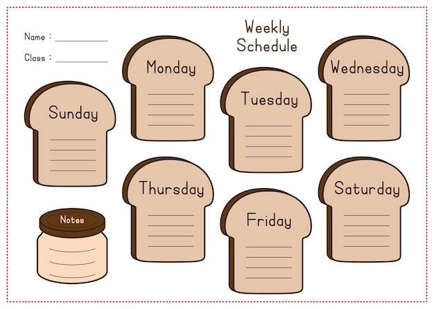 Vector weekly schedule  school timetables with bread and jam