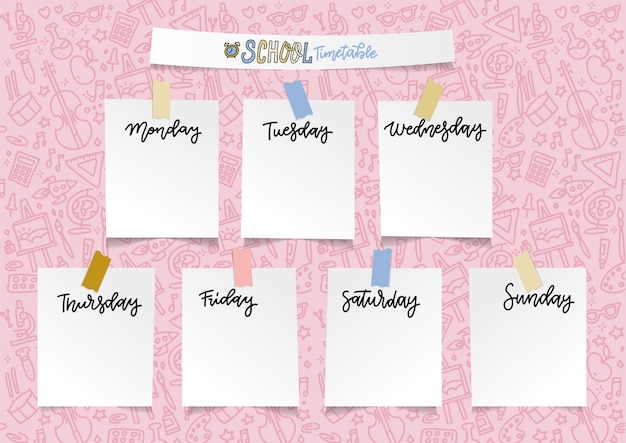 Weekly school planner template for girls. organizer and schedule with empty sticker notes.