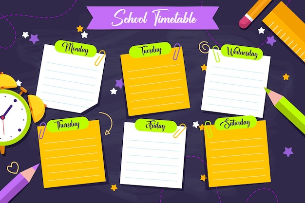 Weekly school timetable template with cartoon school objects and symbols on dark background