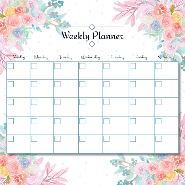 Vector weekly student planner with gorgeous watercolor floral background