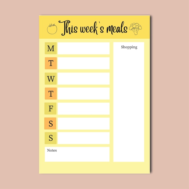 Vector weekly yellow meal planner template design