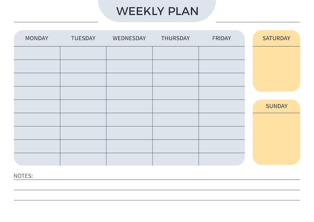 Vector weekplankaartsjabloon voor notities in een minimalistische stijl