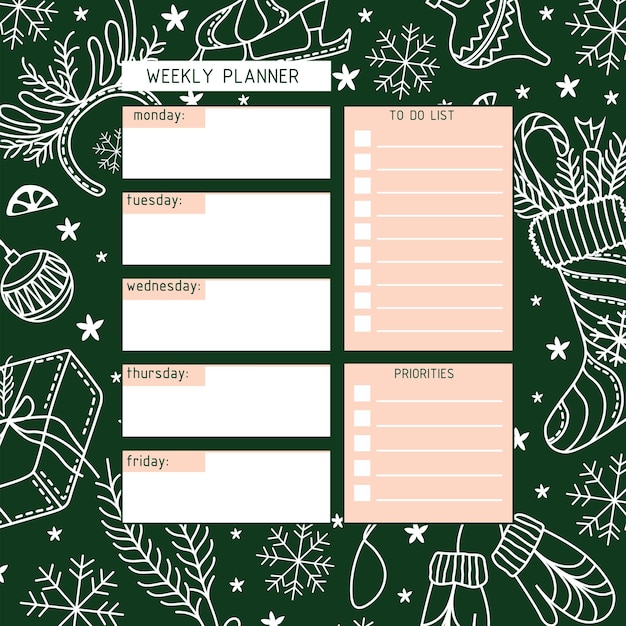 Weekplanner Een planner voor weekorganisatie van tijd met een kerstachtergrond Kalender Winterstemming3