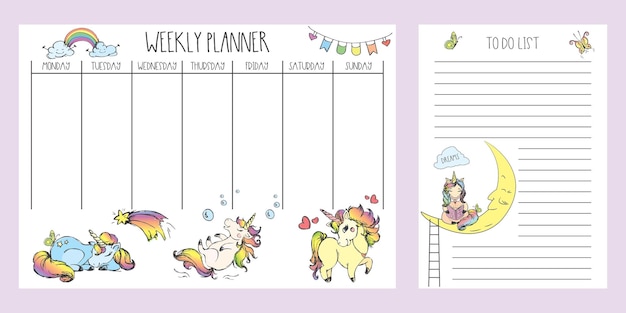 Vector weekplanner en takenlijst met schattige handgetekende eenhoorns schattige sprookjesstaartdieren