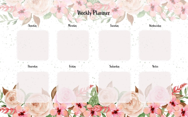 Vector weekplanner met aquarelroze bloemen