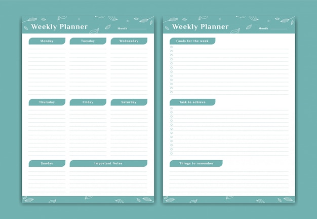 Weekplanner schema van maandag tot zondag met wekelijkse doelen en notities in zachtgroene bladbloemdecoratie