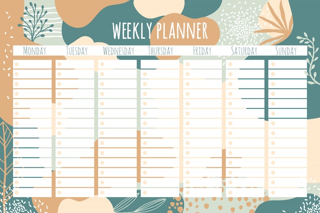 Weekplanner. Sjablonen voor notities, om te doen en lijsten te kopen. Organisator, planner, planning voor uw ontwerp. Abstracte achtergrond in trendy moderne handgetekende stijl. Pastel palet