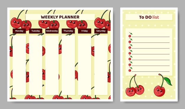 Weekplanner voor kinderen en takenlijst met schattige kersen in cartoonstijl. Schema ontwerp voor kinderen.