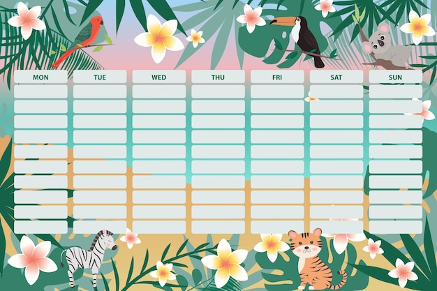 Weekplanner voor kinderen met schattige dieren en tropische bladeren wekelijkse organisatorpagina voor school