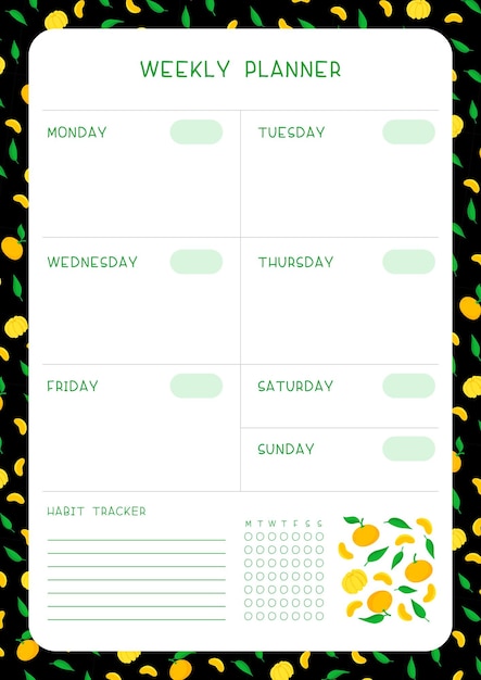 Weekschema en gewoonte-tracker met mandarijnen en bladeren platte vector sjabloon. persoonlijke taken organisator lege pagina voor planner met fruit frame op zwarte achtergrond.