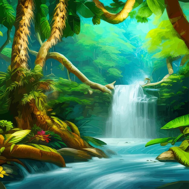 Vector weelderige amazone-jungle met watervallen en een woest rivierfantasieboslandschap met groene bomen