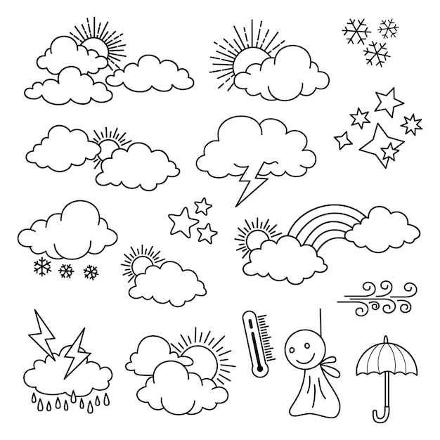 Weer doodle vector set illustratie met hand tekenen lijn kunststijl vector ster zon