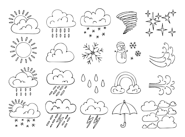 Weer instellen lijntekeningen meteorologische voorspelling zon wolk regen sneeuw orkaan hand getrokken illustratie