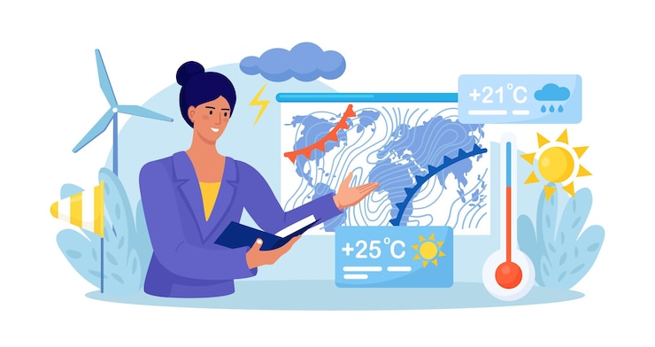Vector weerbericht online presentator met atmosferische neerslagkaart op achtergrond weeruitzending vrouw presenteert meteorologie journaal meteorologisch televisienieuws en aankondiging
