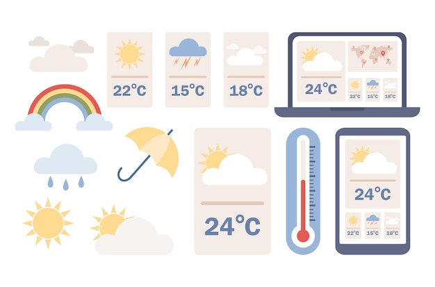 Weerbericht pictogramserie. web- en mobiele weer-app. dagelijkse temperatuur. bewolkt, regenachtig en zonnig