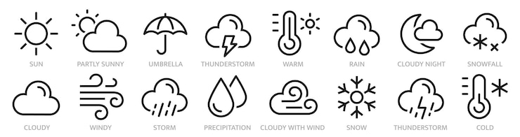 Vector weerlijn icoon collectie weervoorspelling symbool weer wolken regen sneeuw wind orkaan zon maan thermometer en meer voorraad vector