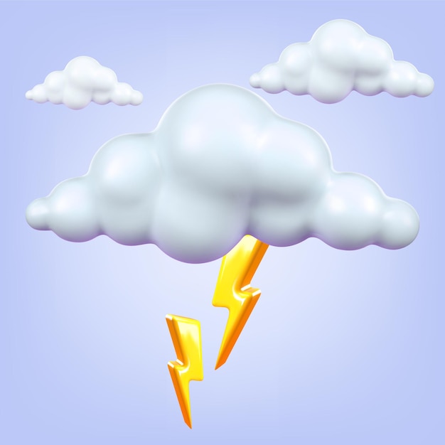 Weerpictogram wolk met bliksem kunststof volumetrische 3d render realistische vectorillustratie