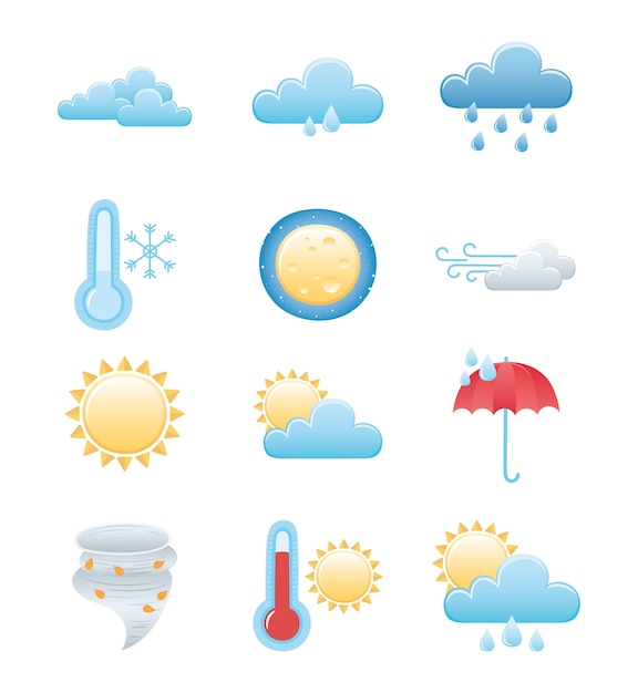 Weerpictogrammen ingesteld, regenachtige winter zomerzon nacht maan wolk zon warm en koud