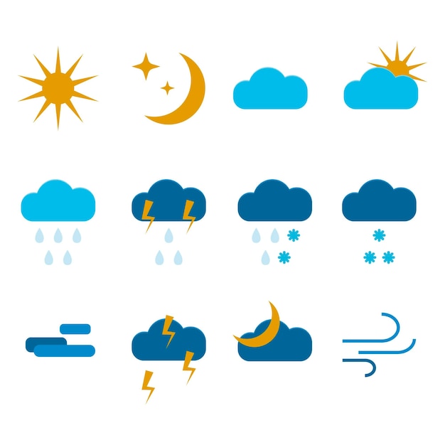 Vector weerpictogrammen ingesteld voor de interface van de voorspellingstoepassing