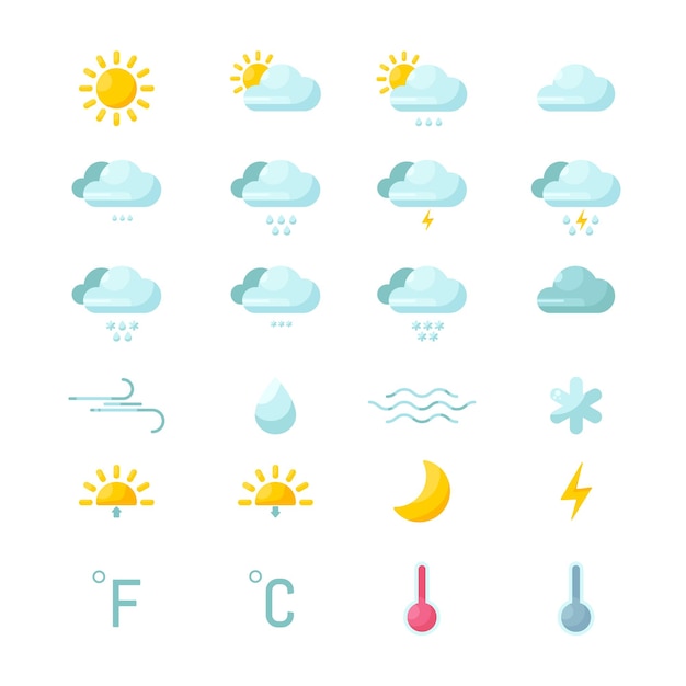 Weerpictogrammen ingesteld voor web of mobiele app. Platte vectorillustratie