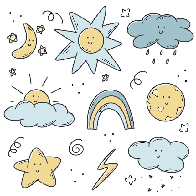 Weersomstandigheden gekleurde doodle set schattige karakters wolk zon ster maan bliksem hand getrokken