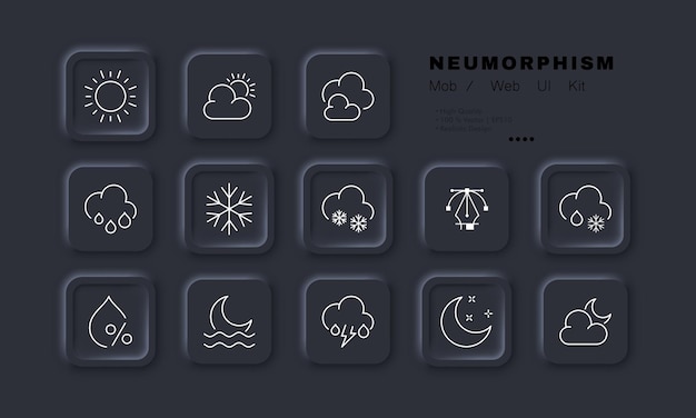 Weersomstandigheden instellen pictogram Wolk bewolkt zon regen bliksem onweer wind maan regenboog sneeuw sneeuwvlok voorspelling Natuur concept Neomorfisme stijl Vector lijn icoon voor Business