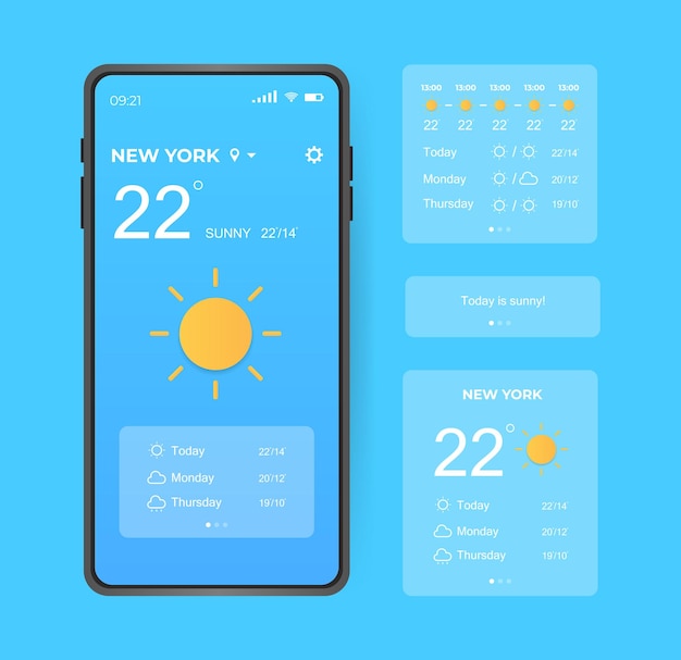 Vector weersvoorspelling app widget schermtoepassing ui ux-elementen realistische smartphone met ander weer vector illustratieconcept