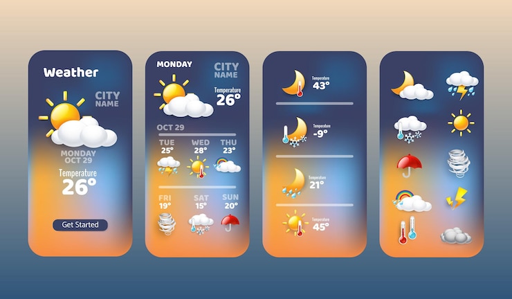Vector weersvoorspelling widget collectie icoon mobiele applicatie programma met regenwolk zon sneeuwt winderig en zonlicht symbool vector illustratie concept
