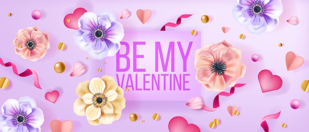Wees mijn valentijn liefde vector achtergrond, wenskaart met anemoon bloemen, confetti, harten, parels. romantische vakantie lente bloemen bovenaanzicht banner met bloemblaadjes, lint. happy valentijnsdag achtergrond