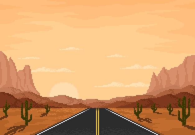 Weg in het woestijnlandschap met 8 bits pixelspel