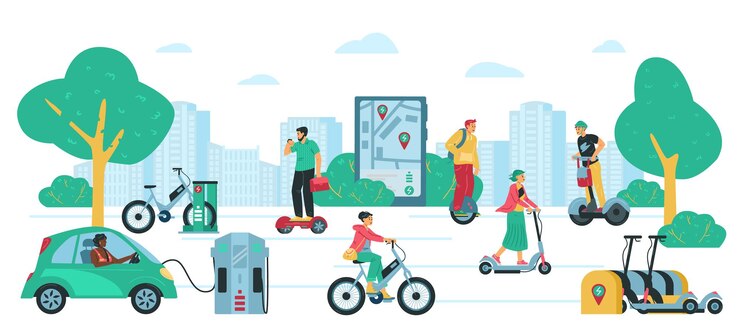 Weg met mensen die verschillende platte vectorillustraties voor elektrisch vervoer rijden