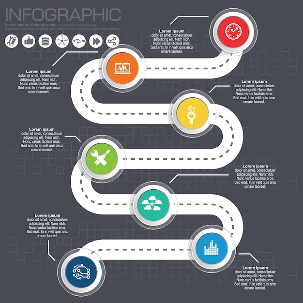 Vector weg tijdlijn infographic ontwerpsjabloon met kleur pictogrammen.